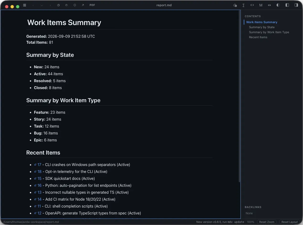 A generated azdw Markdown report rendered with headings and tables