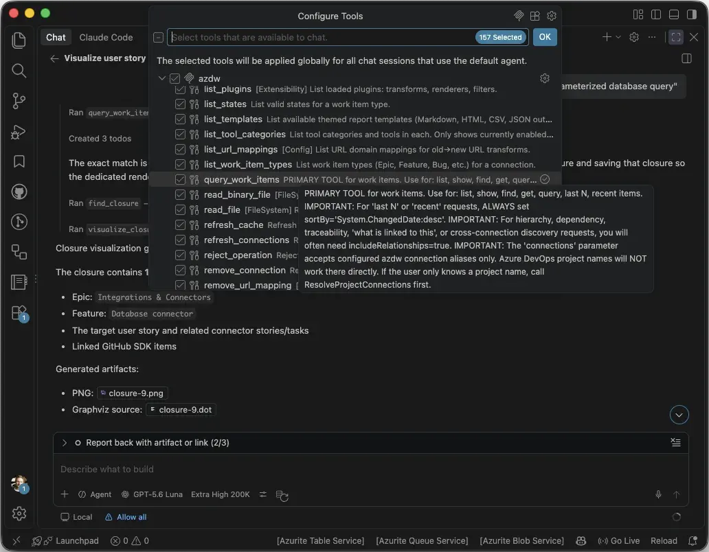 VS Code MCP configuration showing azdw registered as an MCP server alongside other servers