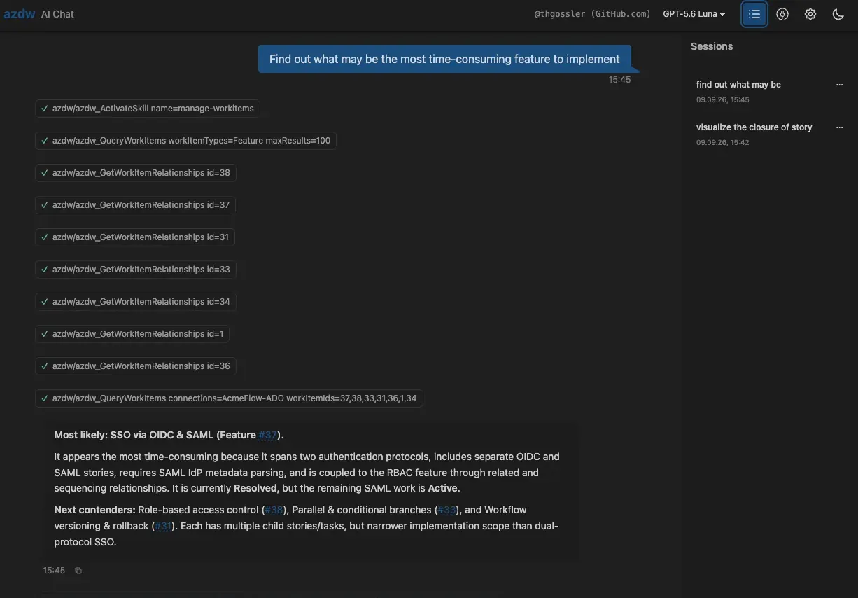 azdw Web UI chat answering a portfolio question in plain language